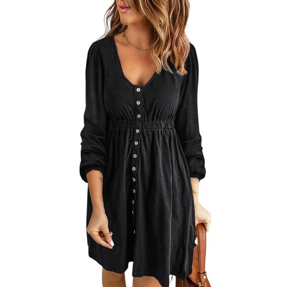 Black Button Up High Waist Long Sleeve Dress New Sizes S, M. L, XL, 2XL - Picture 11 of 12